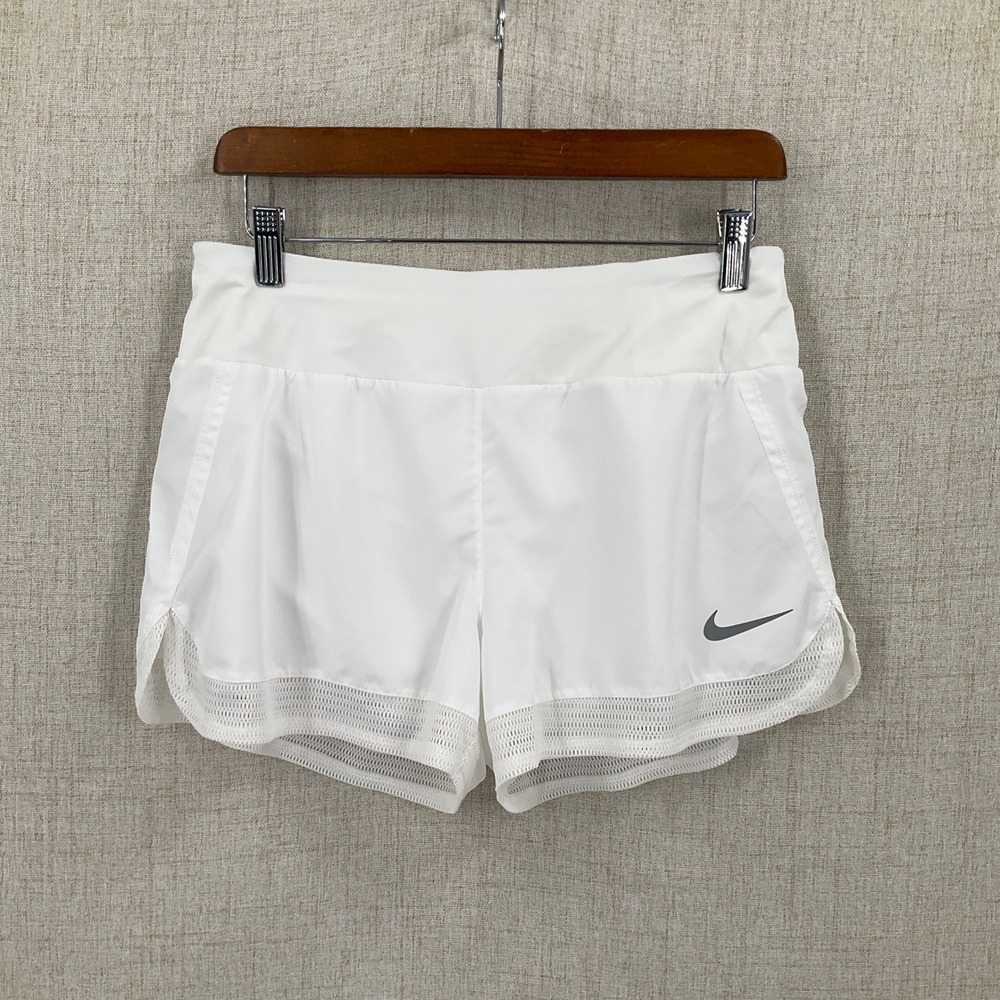 Nike Dri-FIT Running Shorts Womens M White Mesh Trim Zip Pocket Lightweight